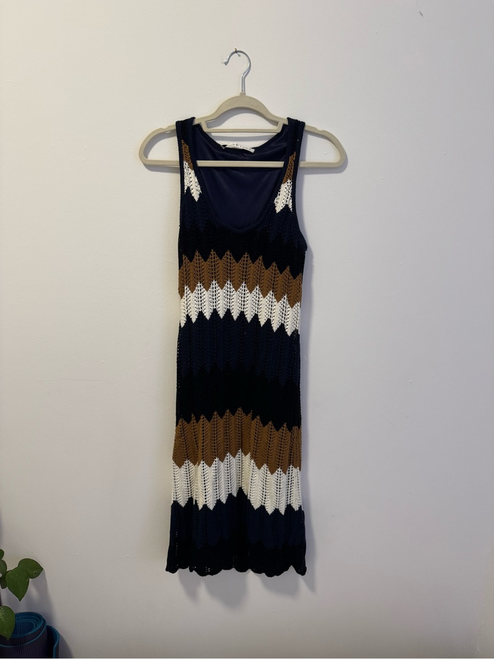 Trina Turk Navy, White & Brown Chevron Knit Tank Dress